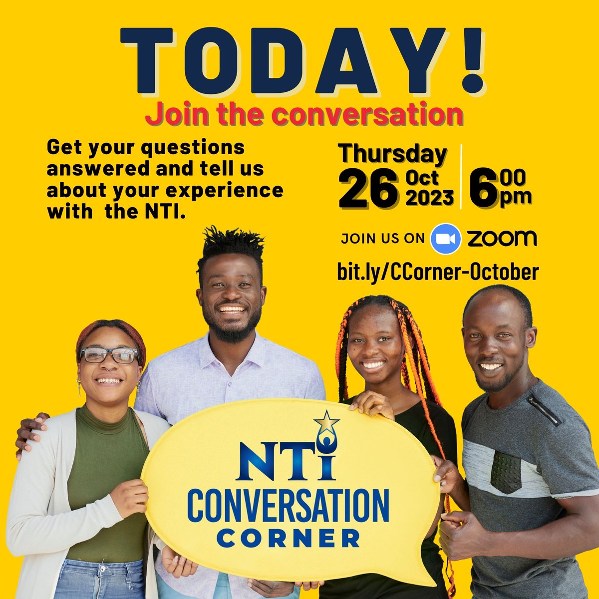 Today! Today! Today! NTI Artivist Alex Jordan is joining us for the NTI Conversation Corner, today, Thursday October 26, 2023. Join us by visiting the link in our bio! We can't wait to see you #ConversationCorner #NTI #FreeCourses