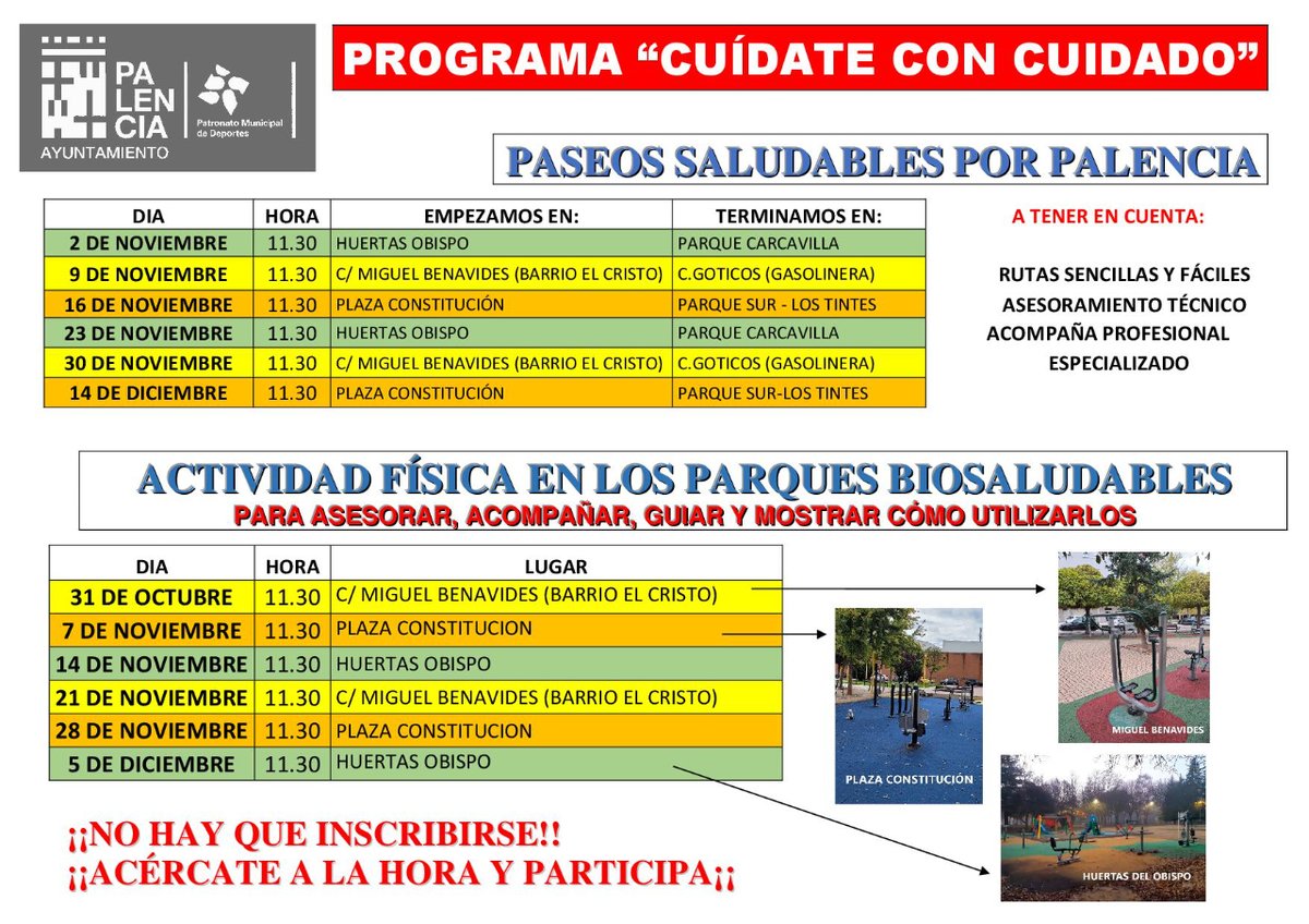 PROGRAMA CUIDATE CON CUIDADO
PASEOS GUIADOS Y ACTIVIDAD FÍSICA EN LOS PARQUES BIOSALUDABLES DE PALENCIA
Actividad Física en los Parques Biosaludables y Paseos Saludables por Palencia

Mas información:
pmdpalencia.com//noticia.php?i…

#pmdpalencia
