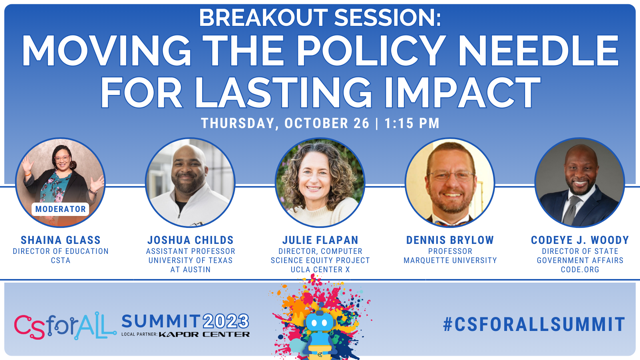 Today, our co-director Julie Flapan will be speaking on a panel at the #CSforALLSummit.

Looking forward to an engaging conversation on moving the policy needle to expand equity in #CSEd.