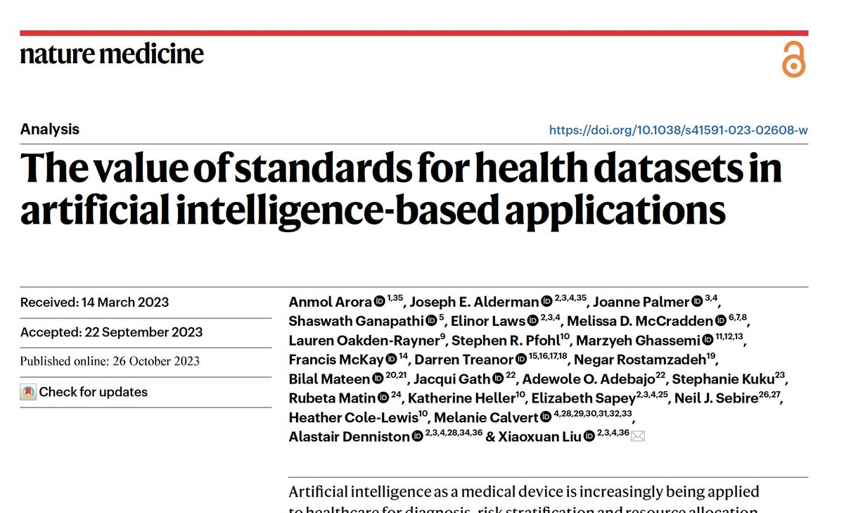 STANDING Together (@diversedata_st) on Twitter photo Our latest paper on the value of #standards for health data and #AI has just been published in <a href="/NatureMedicine/">Nature Medicine</a>!
We consider how standards and guidelines can help tackle issues of bias and non-diversity in health data, as well as the challenges.
nature.com/articles/s4159… Our latest paper on the value of #standards for health data and #AI has just been published in <a href="/NatureMedicine/">Nature Medicine</a>!
We consider how standards and guidelines can help tackle issues of bias and non-diversity in health data, as well as the challenges.
nature.com/articles/s4159…