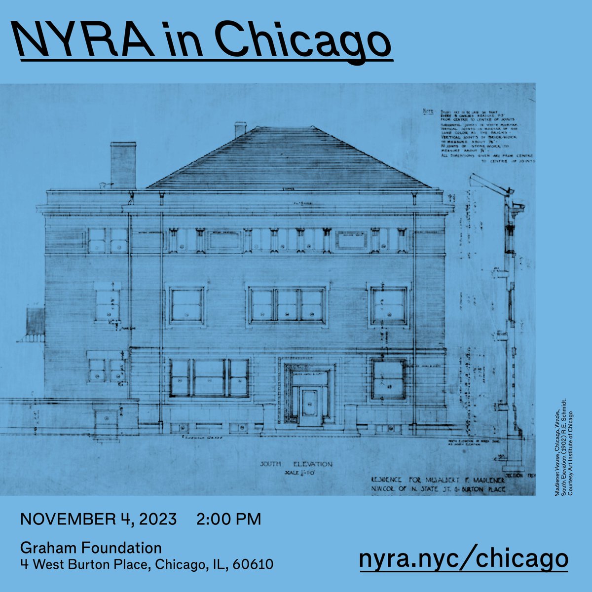 NYRA is heading west for the Chicago Architecture Biennial.

Come join us at the Graham Foundation to meet the people behind the curtain of your favorite architecture publication and hear readings about the Windy City by <a href="/zachmortice/">Zach Mortice</a>, <a href="/AnjulieRao/">anjulie is on other socials now</a>, and <a href="/petesegall/">pete segall</a>.