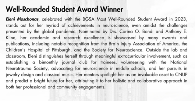 Congratulations to <a href="/A_Kolobaric/">Antonija K.</a> and <a href="/EMoschonas/">Eleni Haritomeni Moschonas</a> for winning the Stephen L. Phillips &amp; Well-Rounded Student <a href="/PittBGSA/">Pitt BGSA</a> Awards, respectively! 🎉

Check out the BGSA symposium on November 1st in The Assembly Building-- other fantastic CNUP trainees are presenting, as well!