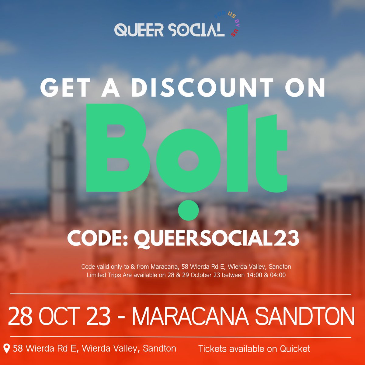 We are happy to announce our partnership with @Boltapp_za for #QueerSocial on Saturday to make sure you don’t break bank. Get your tickets now😀😀😀

Tickets: quicket.co.za/events/235280-…