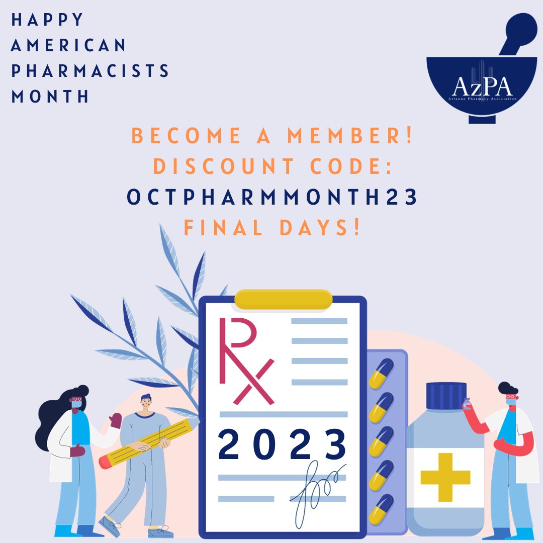 Join the AzPA family and let's make a healthy difference together! Discount code for American Pharmacists Month good till the end of October! 💊👩‍⚕️👨‍⚕️ 🔗 Link in bio for membership Use code: OctPharmMonth23 for a discount! #PharmacyFamily #AzPA #AZPharmacy