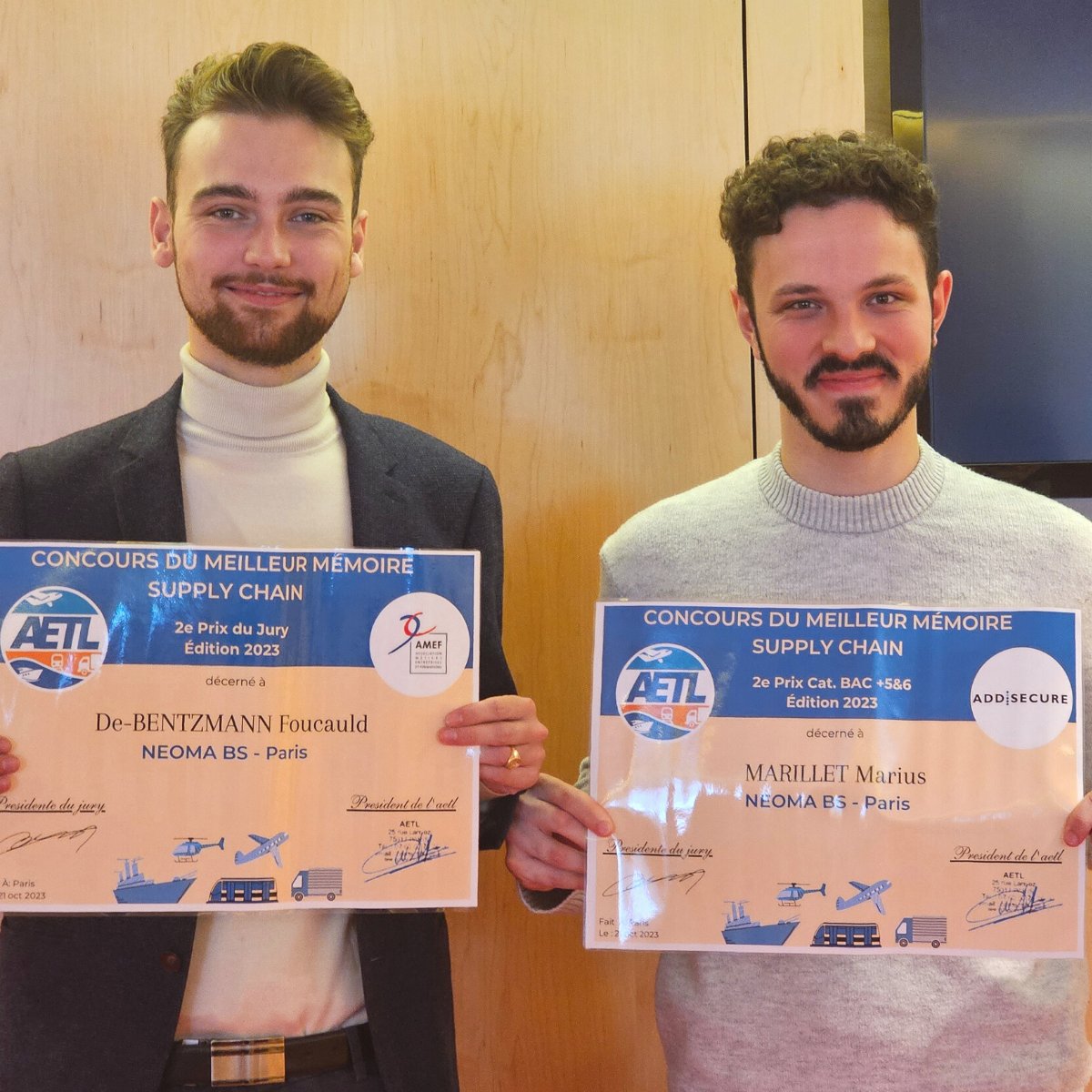 NEOMAbs's tweet photo. Félicitations à Marius Marillet et Foucauld de Bentzmann, étudiants du MSc Supply Chain et Transformation Digitale, qui se sont distingués au concours MMSC By @AETL1, l'association qui réunit tous les Acteurs professionnels, Elèves et étudiants du Transport et de la Logistique 👏 https://t.co/lPyCUMk9Kr