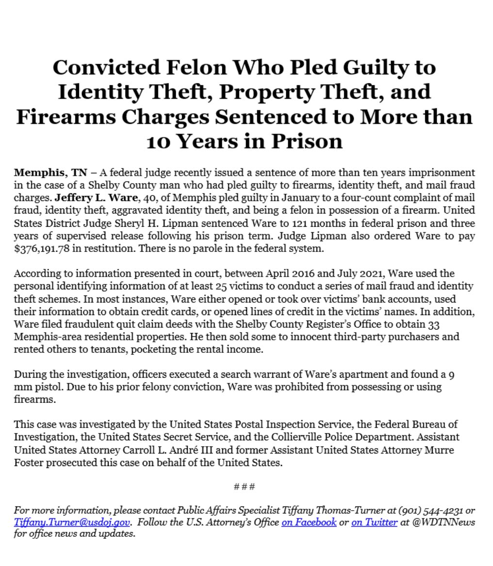 Jeffery Ware sentenced to 121 months!!