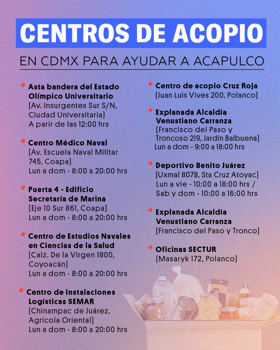 DONDEIRweb's tweet photo. 🔴 ¡Acapulco nos necesita! Tras el paso del huracán Otis, muchas familias de Acapulco han sido afectadas, por ello en CDMX se han colocado varios centros de acopio para poder llevar víveres. Checa dónde y qué es lo que puedes donar 👁️ https://t.co/BuI08TjxnY