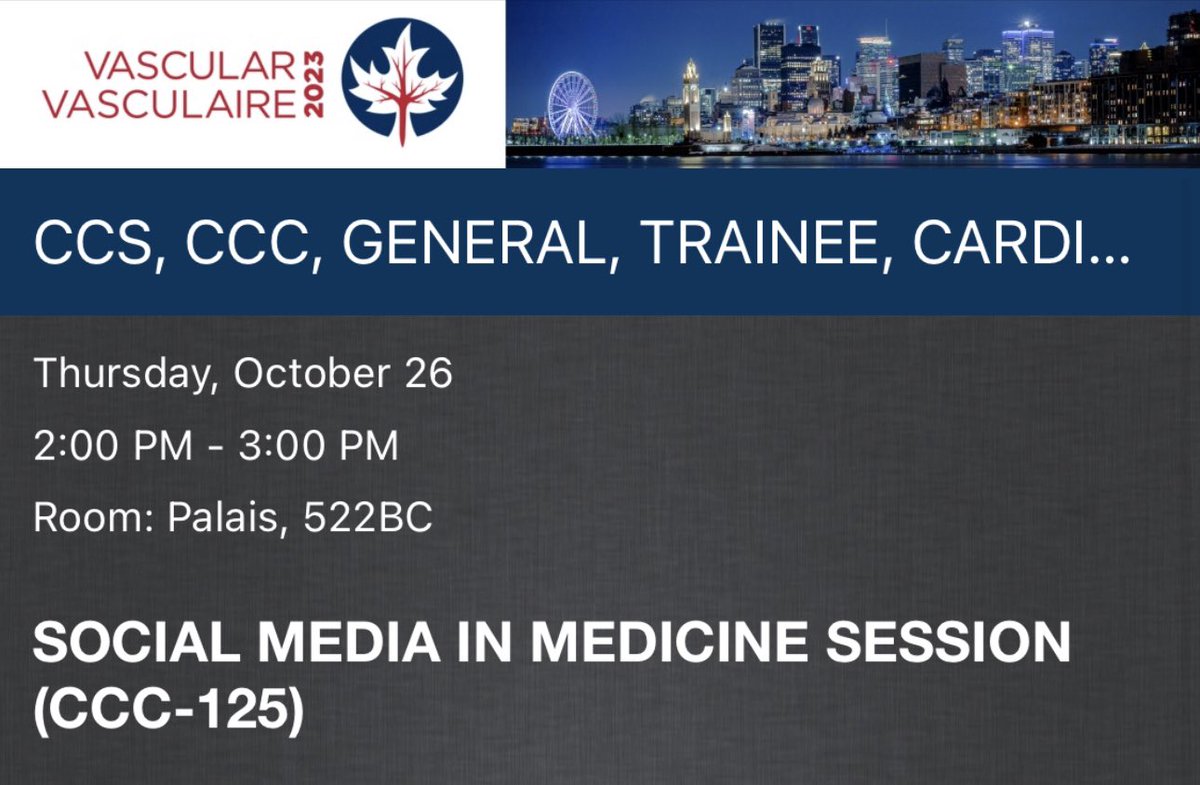 Come join our Social Media in Medicine Session at #VASC23 #CCCongress with our great speakers including @StanleyNattel @drlabos @ShelleyZieroth at 2-3PM in room 522BC! @SCC_CCS @yuchendai_