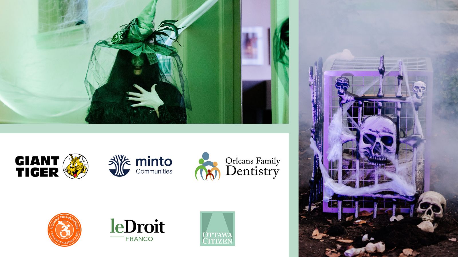 A collage featuring the event sponsor logos, an image of a woman dressed as a witch, and a close-up image of a skeleton Halloween decoration.