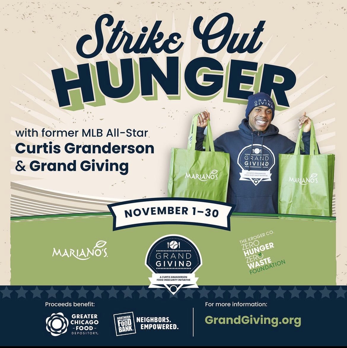 Our annual Grand Giving is happening again the entire month of November. If you are in Chicago go to any @MarianosMarket location to donate. If you are not in Chicago and would like to donate go to GrandGiving.org. Thanks for all the support to help Strike Out Hunger
