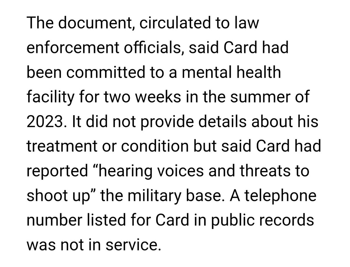 thoughtbench's tweet image. The alarm from the media to disarm law abiding citizens will ring loud again. Just know the alleged shooter was in a mental hospital just weeks ago hearing voices in his head to shoot up the military base. The alarms should be LOUDER for mental healthcare for military personnel.