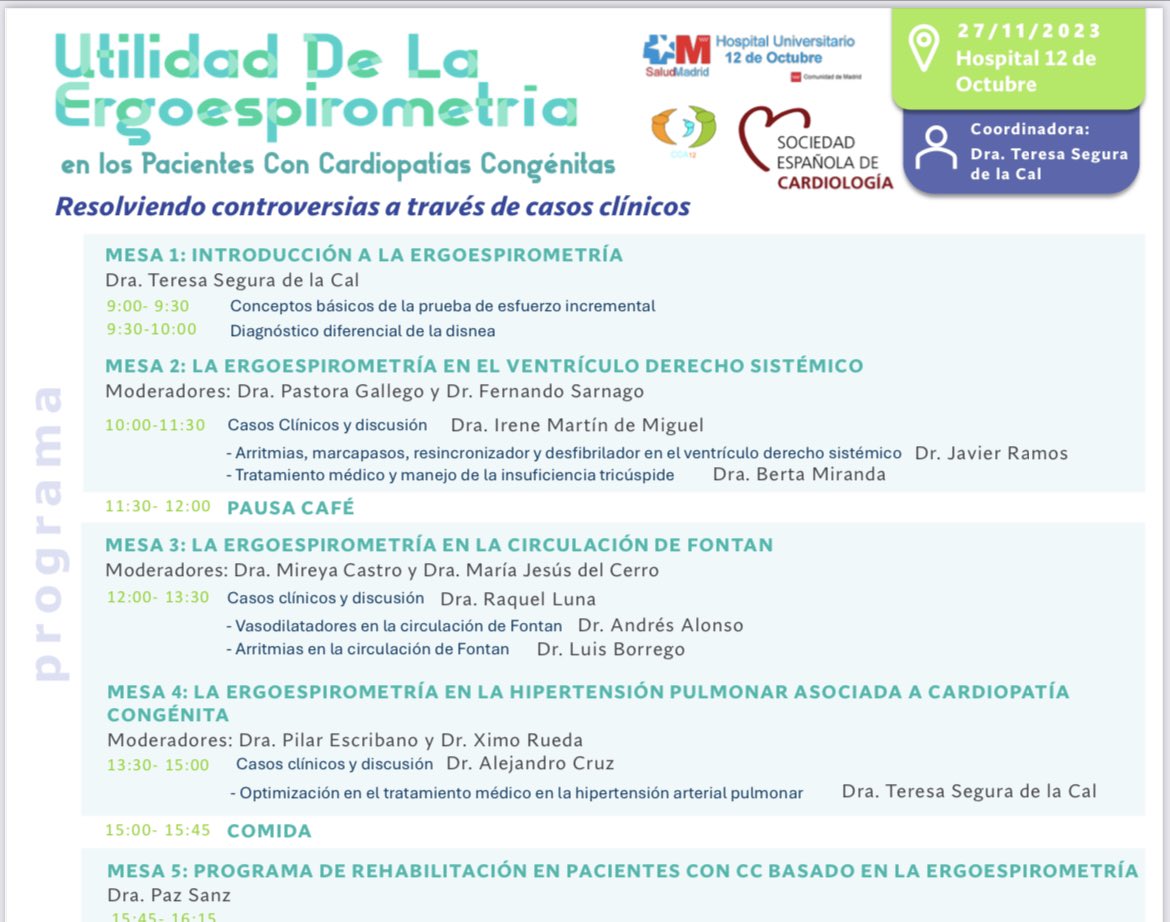 🗣️ Anunciamos próxima Jornada de Trabajo en #Ergoespirometria el lunes 27 de noviembre (jornada completa) en Hospital 12 Octubre de Madrid con @TeresaSeguraCal coordinándolo. @CongenitasH12o @seccCFyGenetCV Aquí programa preliminar