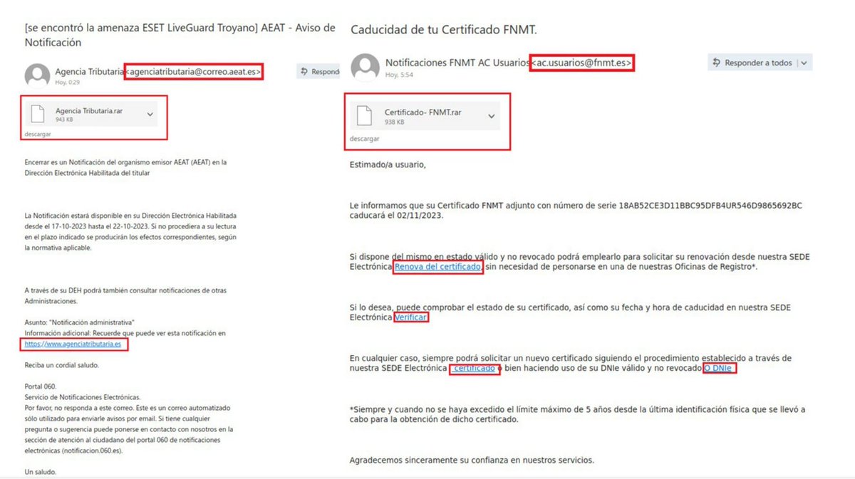 elhackernet's tweet photo. 🇪🇸Detectada campaña de suplantación a la FNMT y a la AEAT con la intención de infectar tu dispositivo con un ransomware

➡️AEAT – Aviso de Notificación
Caducidad de tu Certificado FNMT

AEATAvisodeNotificación.rar
AgenciaTributaria.rar
CertificadoFNMT.rar

https://t.co/67ofsPB1ez https://t.co/AK2i5fTJfu
