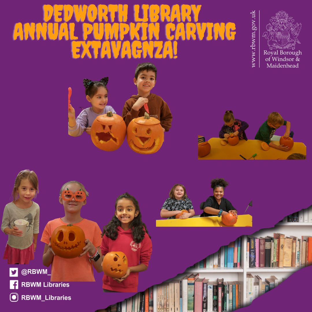 Dedworth Library Pumpkin Carving. With pumpkins donated by Tesco, an afternoon of fun was had scooping and carving. There was even hot chocolate to enjoy. Thanks to all who supported this. For details of further events, keep an eye on our website orlo.uk/q3iW8