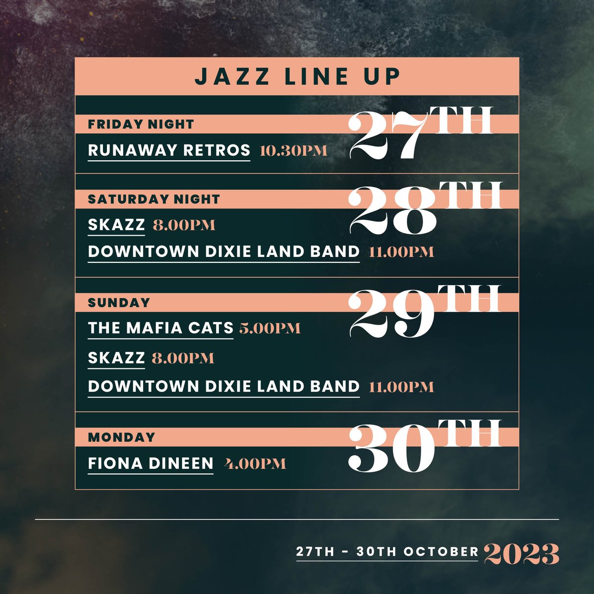 Gallaghers Cork (@gallagherscork) on Twitter photo It's almost time for jazz 🎶🎺🥁
Not only will we be serving up delicious brunch from 10:30am and dinner & cocktails throughout the whole weekend, we've also got a stellar line up of jazz acts 🕺🏼
We can't wait to see ya at Gallaghers 😜 It's almost time for jazz 🎶🎺🥁
Not only will we be serving up delicious brunch from 10:30am and dinner & cocktails throughout the whole weekend, we've also got a stellar line up of jazz acts 🕺🏼
We can't wait to see ya at Gallaghers 😜