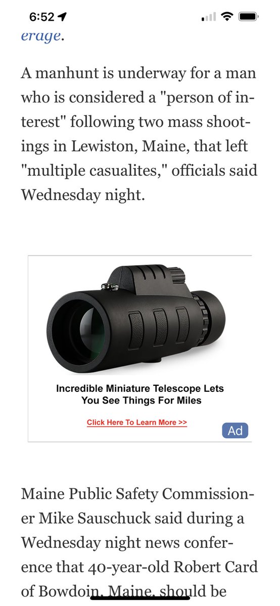 thistyra's tweet photo. Reading an article about the Maine shootings and there is an #ad for a scope… https://t.co/ZGBpJTMpxC