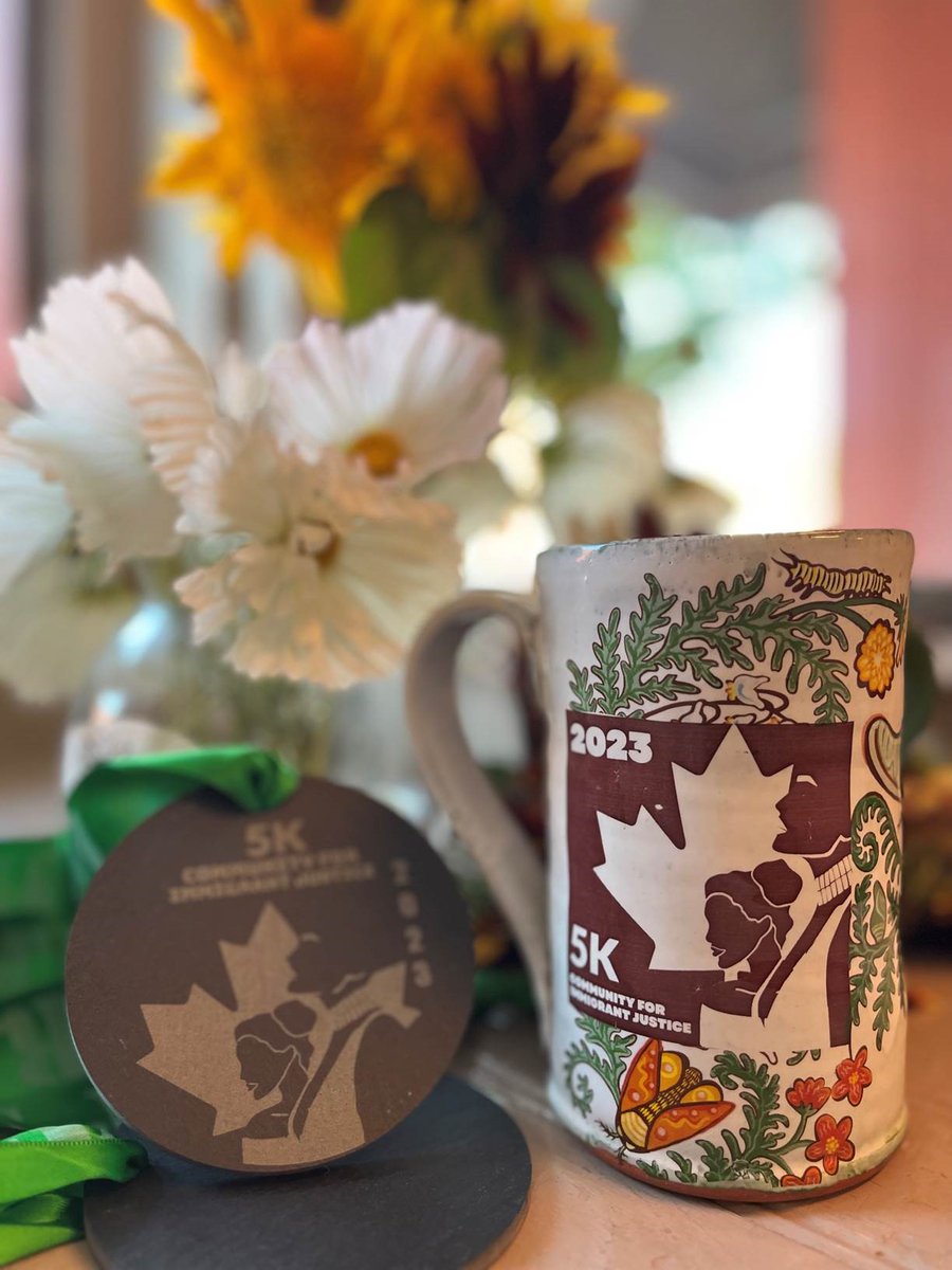 NIJC's tweet photo. Lace up your shoes &amp; get ready for an unforgettable experience at #5KforImmigrantJustice on Saturday! Join in person or virtually to support immigrants &amp; refugees. Winners get unique medals &amp; beautifully crafted mugs by local artist @jrothshank. Sign up at https://t.co/clyN2utHDP https://t.co/XYyswEZSfM