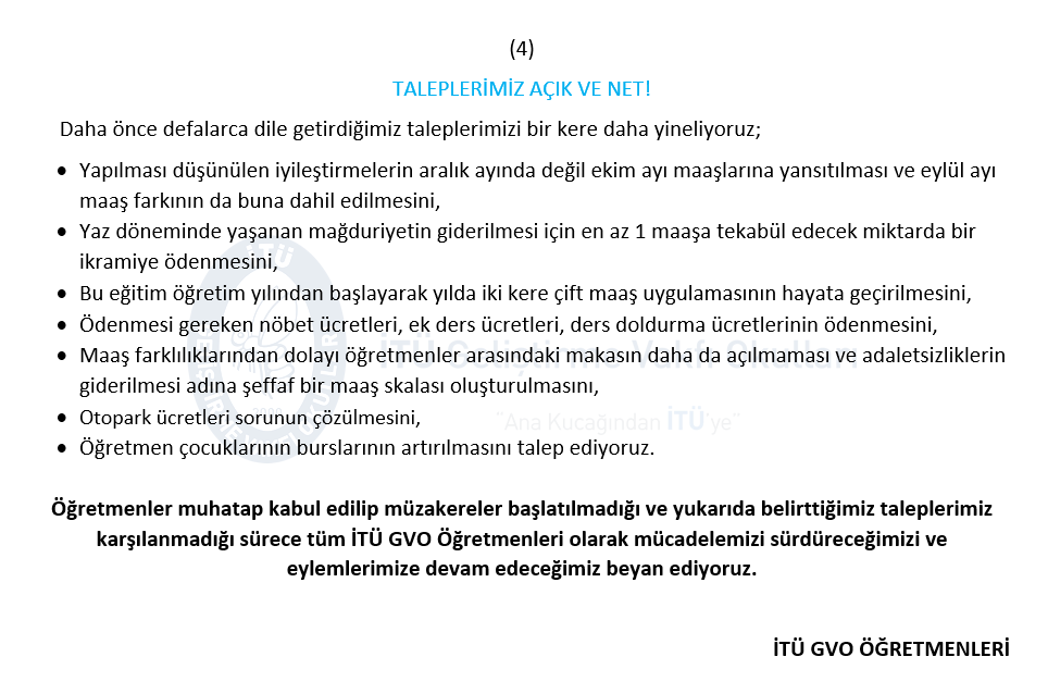 Müzakere yapılmadan, öğretmenlerin taleplerini karşılamayan iyileştirme oranlarını kabul etmiyoruz!

Öğretmenler muhatap kabul edilip problemlerine gerçekçi çözümler sunulmadığı sürece mücadelemize ve eylemlerimize kararlılıkla devam edeceğiz.

<a href="/itugvo/">İTÜ Geliştirme Vakfı Okulları</a> 

#HaklarımızıİadeEdin
