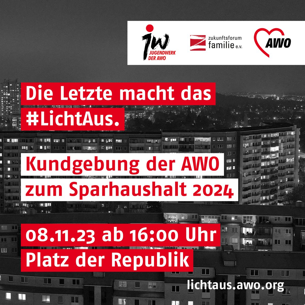 AWOBund's tweet photo. 📢Dem sozialen Bereich drohen drastische Kürzungen. Mit @zff_amilie &amp; AWO Bundesjugendwerk rufen wir zum Protest auf: 

📍 8.11, 16-18 Uhr;  Berlin, Platz der Republik, auf der Wiese vor dem Reichstagsgebäude
Mit dabei: die Spitzenverbände @bagfw #SozialkürzungenStoppen #LichtAus https://t.co/sKXoTGnzlp