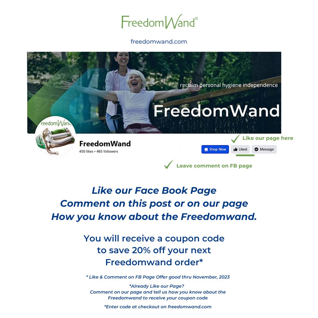 Like our Facebook Page (FreedomWand) &amp; Comment on FB-How you know of the FreedomWand?
Receive code: 20% off next Freedomwand order Already Like Us on FB?
Comment on FB-I already like you &amp; how you know about us to receive your code. Offer good through our website until Nov., 2023