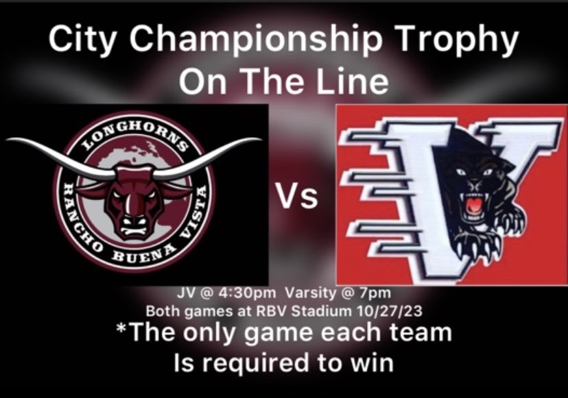 #RivalryWeek Two schools separated by 4.8 miles. City Championship Trophy on the line.
RBV vs. VHS
<a href="/FootballRBVHS/">RBVHS Football</a> #HookEm 🤘🏽