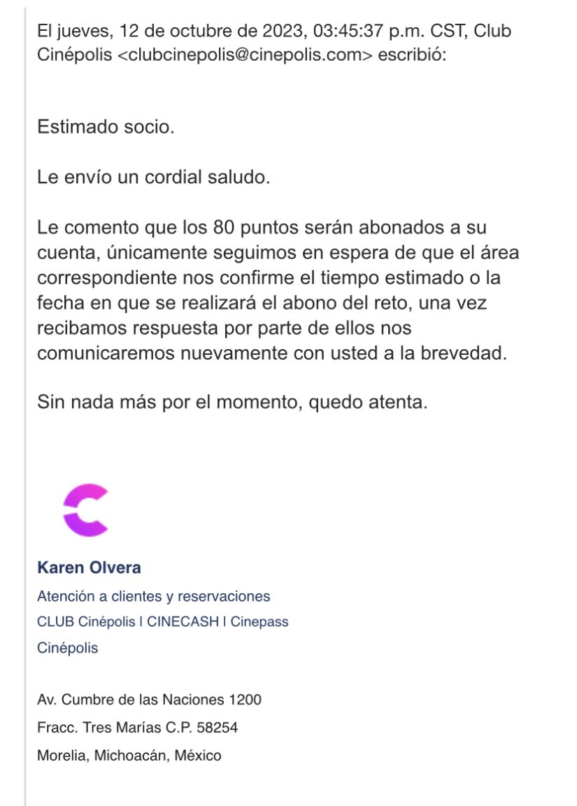 JRene_Ramos's tweet photo. @AyudaCinepolis Hola sigo sin ver reflejado los puntos de la promoción en mi cuenta, desde el 2 de octubre me indicaron que el área correspondiente lo estaba viendo y el 12 de oct recibí este último correo pero aún no actualizan nada https://t.co/5h3t0bNKQu