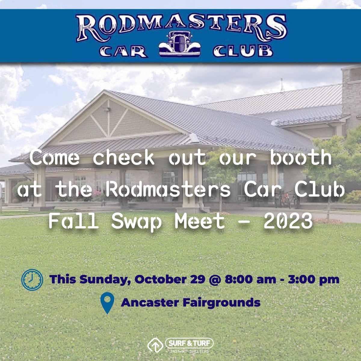 This Sunday we will be at the Rodmasters Car Club Fall Swap Meet – 2023!!!

Come say hi! 👋

#rodmasterscarclub #fallswapmeet #ancasterfairgrounds #carswap #carswapmeet #expo #branding #setup #surfturfshelters #popupshelter #popupcanopy #popupframe #popupshop