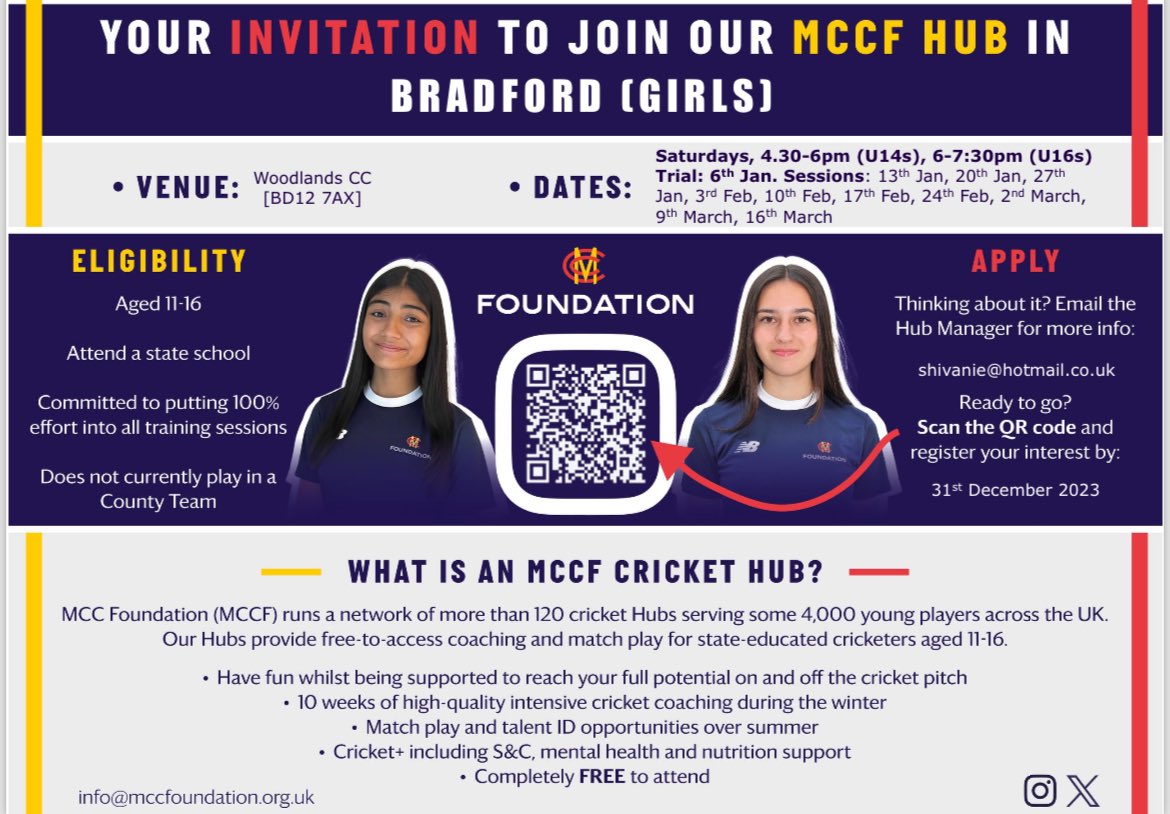 shiv004's tweet photo. Registrations are now open for the MCCF Hub for BRADFORD (Girls). Looking forward to another incredible year developing girls cricket. Register your daughter’s place now if the criteria is met
Here is the link below to register - 
https://t.co/vCniaGPc4B
Or scan the QR code below https://t.co/C1jPNJ86Ng