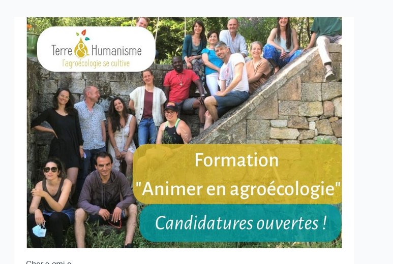 Bonjour à tous, les inscriptions pour le formation "Animer en agroécologie" sont ouvertes 🙂

La formation « Animer en agroécologie » est la première formation dédiée spécifiquement à l’encadrement et la transmission de projets en #agroécologie.

⬇️
formation.terre-humanisme.org/animateurs/