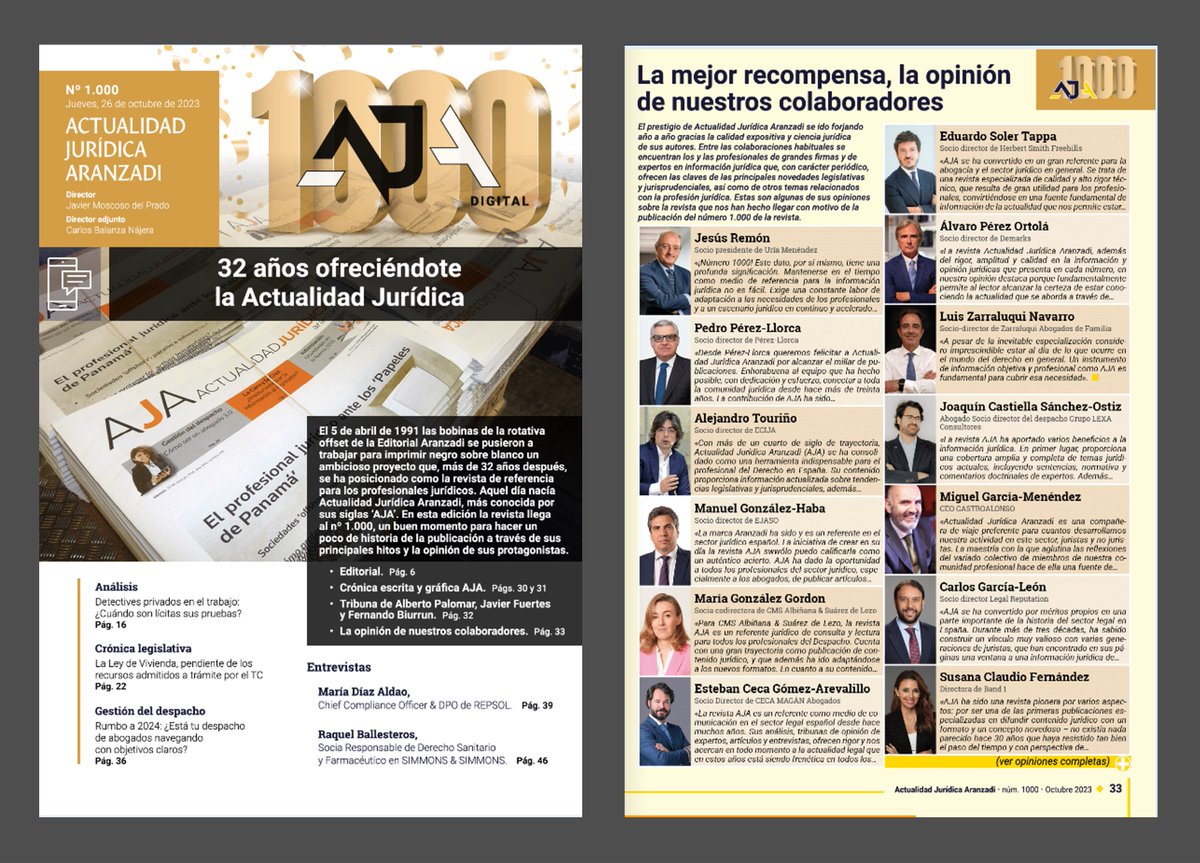 Enhorabuena a @aranzadi_esp por la publicación hoy del nº 1000 de la revista AJA, una verdadera referencia para todos los  profesionales jurídicos de nuestro país. ¡Y muchas gracias por contar con la opinión de nuestro socio director <a href="/cgarcialeon/">Carlos García-León</a> en un nº tan especial! #AJA1000