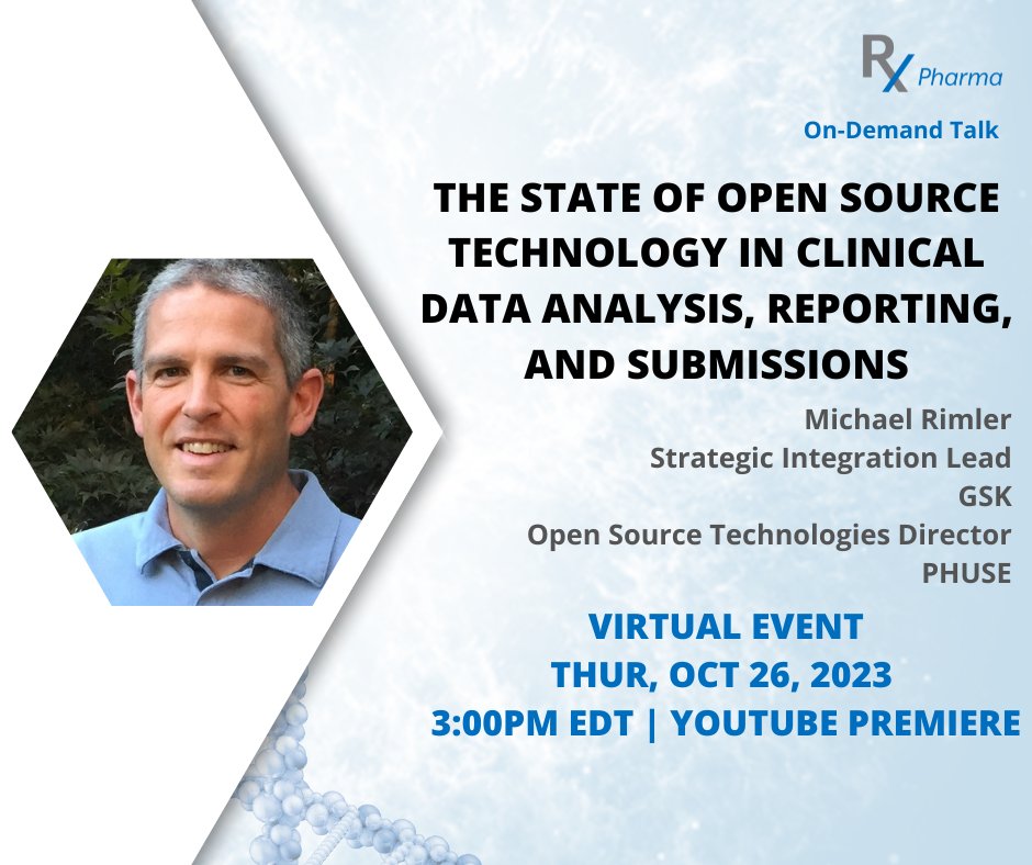 #rinpharma VIRTUAL EVENT! Premieres in 3 hours October 26 @ 3 PM EDT | YouTube Premier! The State of #OpenSource Technology in Clinical Data Analysis, Reporting, & Submissions by Michael Rimler @GSKUS youtube.com/watch?v=cbFzcX… #openscience #pharmaverse #rstats #clinicaltrials