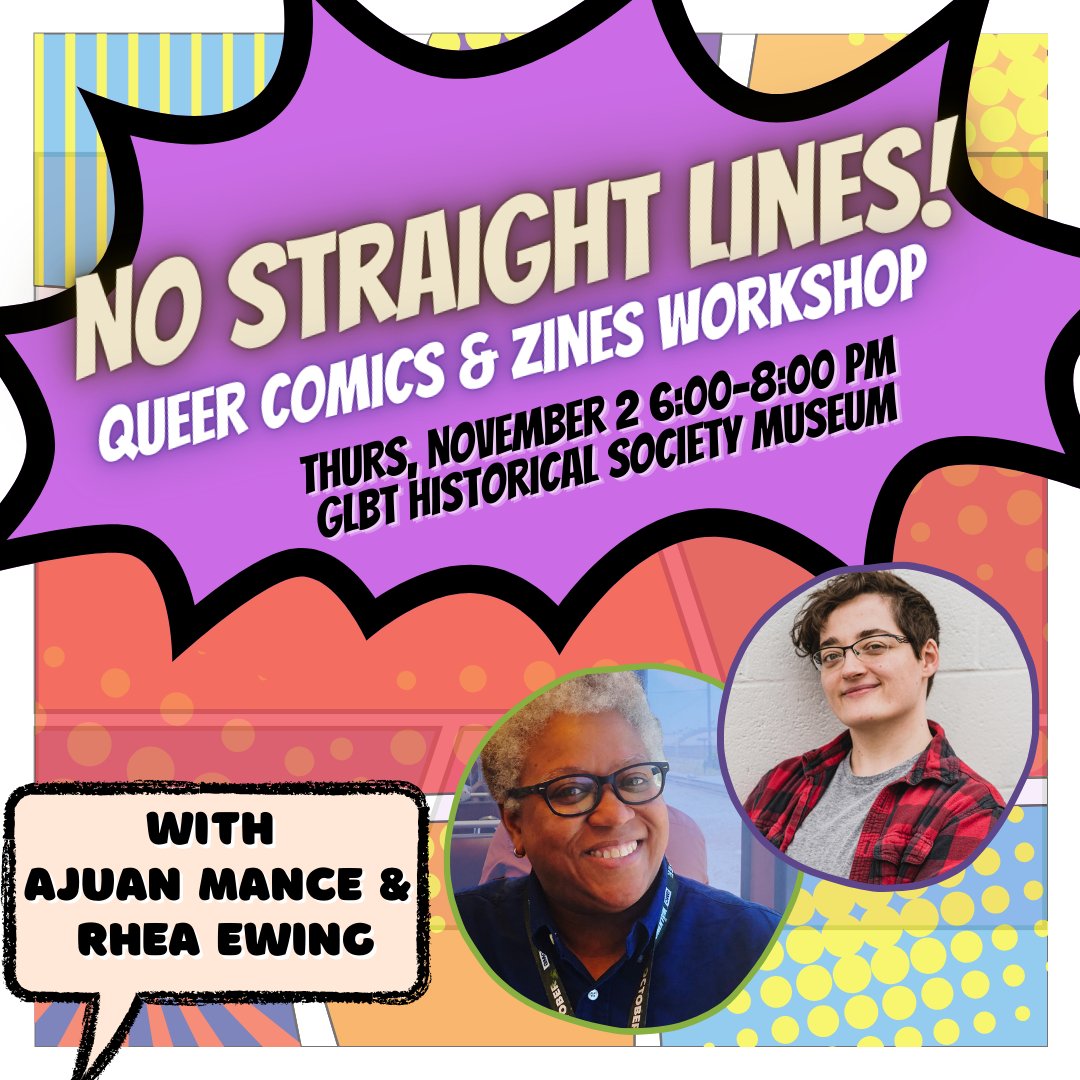 Make your own queer comics and zines in this upcoming @GLBTHistory workshop inspired by the exhibition Curve Magazine Cartoons: A Dyke Strippers' Retrospective! 🖍️🌈 Rsvp to this in-person workshop at glbthistory.org/events/2023/11…