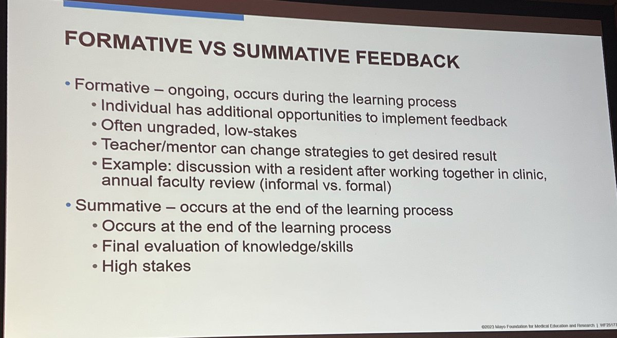 Feedback is so important for the success of both teachers and learners. 2 types of feedback that allow you to form expectations and then reflect on results.
Such great points to bring back to @MayoUrology 

@MayoGRIT #WomeninUrology #WomeninMedicine #WomeninAcademicMedicine