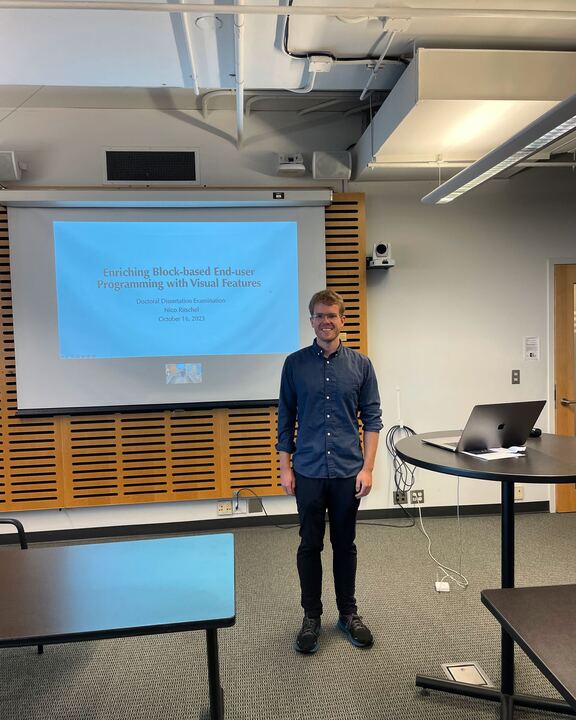 Ron Garcia (@rg9119) on Twitter photo Congratulations to <a href="/niritsch/">Nico Ritschel</a> on a fantastic job defending (and finalizing!) his dissertation, "Enriching Block-based End-user Programming with Visual Features." I think can I speak for <a href="/reid_holmes/">reid holmes</a> and <a href="/davidcshepherd/">davidcshepherd</a> and say we're all proud of what you've done! Congratulations to <a href="/niritsch/">Nico Ritschel</a> on a fantastic job defending (and finalizing!) his dissertation, "Enriching Block-based End-user Programming with Visual Features." I think can I speak for <a href="/reid_holmes/">reid holmes</a> and <a href="/davidcshepherd/">davidcshepherd</a> and say we're all proud of what you've done!