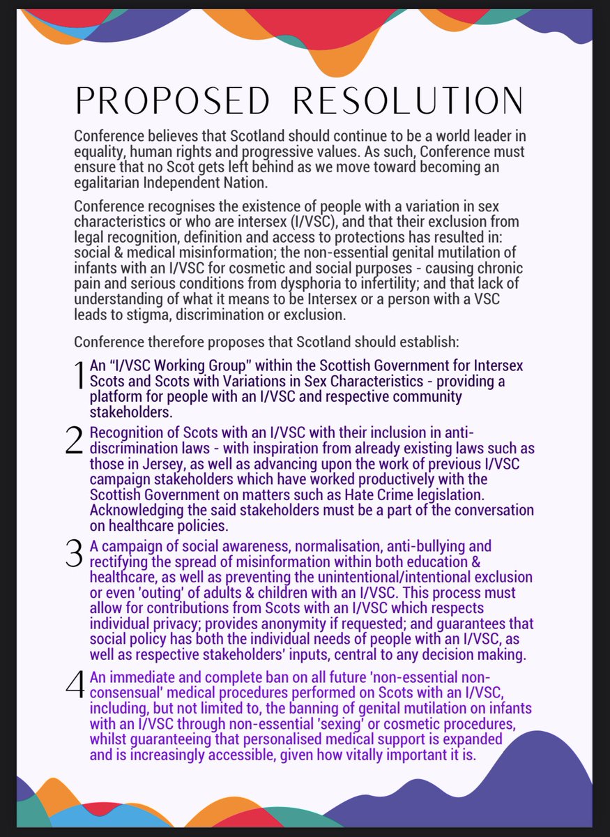 Today is #IntersexAwarenessDay 💛💜

I want #Scotland to lead the world in restoring the basic human rights, & recognition, of people with an I/VSC! 🏴󠁧󠁢󠁳󠁣󠁴󠁿

My resolution on the Rights & Recognition of Scots with an I/VSC was passed unanimously at @OutForIndy conference this year! 👇