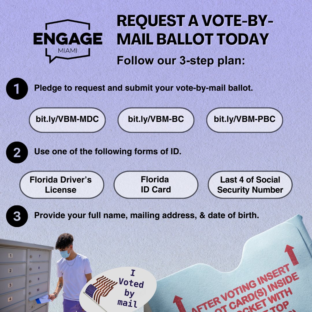 EngageMIA's tweet image. ATTENTION voters! TODAY is the last day to request your vote-by-mail ballot for the upcoming municipal elections. Follow our plan in 3 steps to sign up for vote by mail. Don&apos;t wait, re-enroll now and make sure our generation never misses an election! 📷 #VoteByMail #SouthFlorida