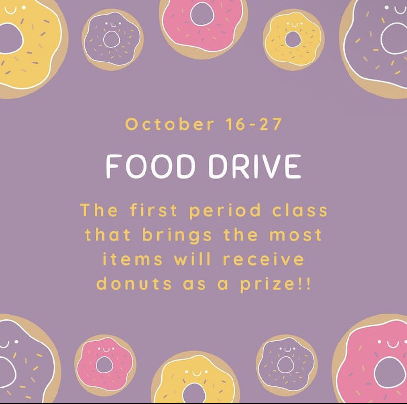 VM Student Council is competing in a Tri High “We Scare Hunger” food drive from Oct. 16th to the 27th. We are collecting non-perishable items for the Samaritan house. The class with the largest donation gets FREE DONUTS!! Tomorrow is the last day to bring in your items!
