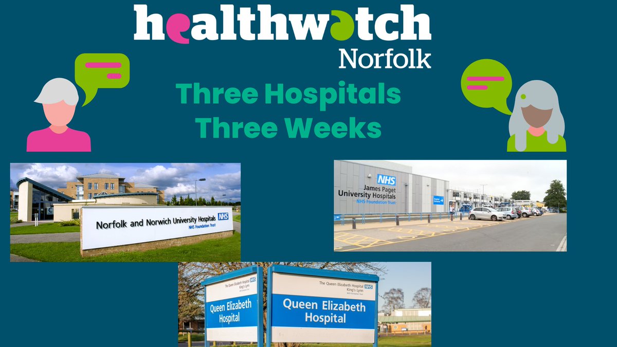 Today we publish our Three Hospitals Three Weeks report which sets out what we found when we spend a week each at the @NNUH @JamesPagetNHS and@TeamQEH. Find out more at healthwatchnorfolk.co.uk/news/three-hos…