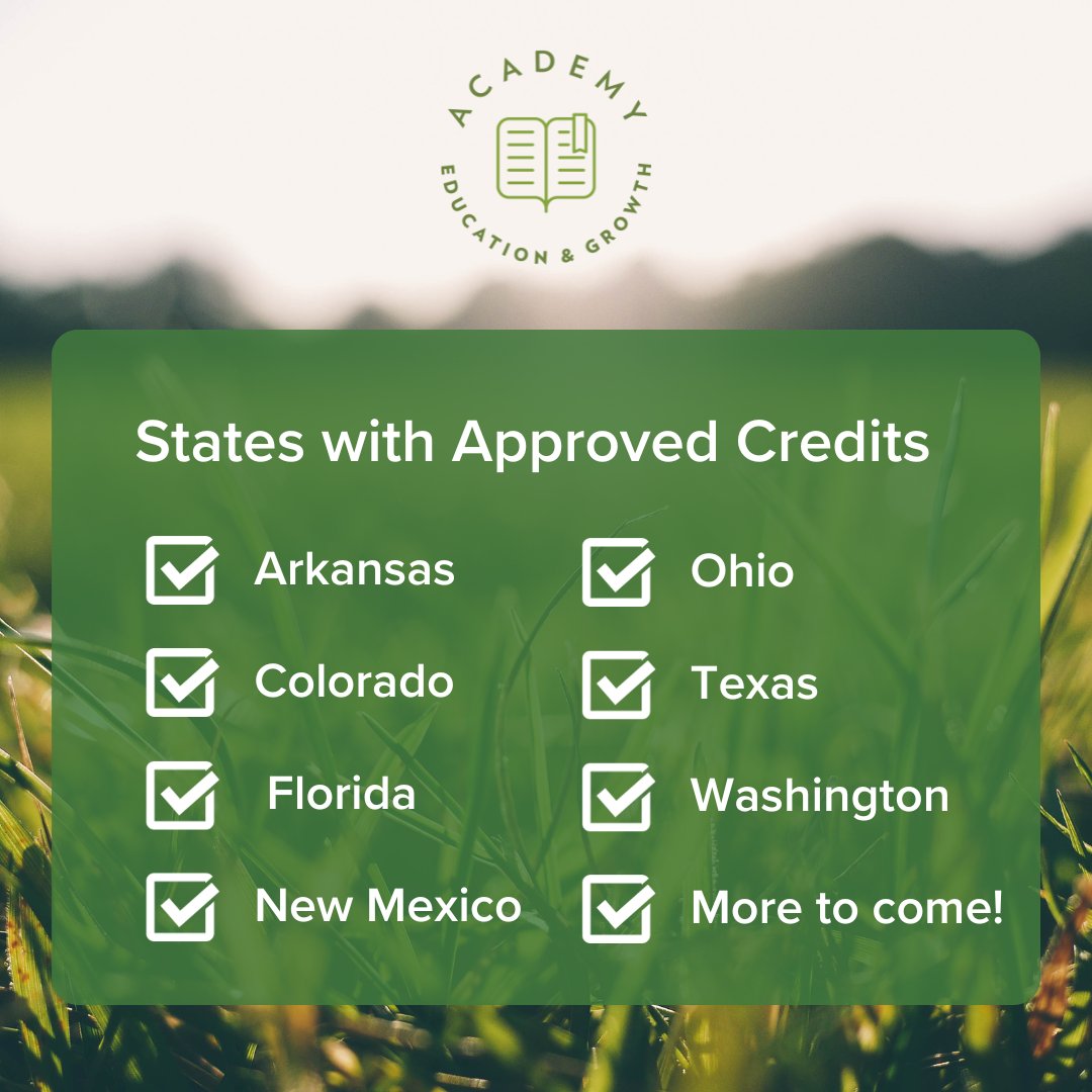 📢 Academy Credits Update: Now APPROVED in New Mexico, Washington, Ohio, Arkansas, Florida, Texas, and Colorado! 

More states are coming soon. Stay updated!