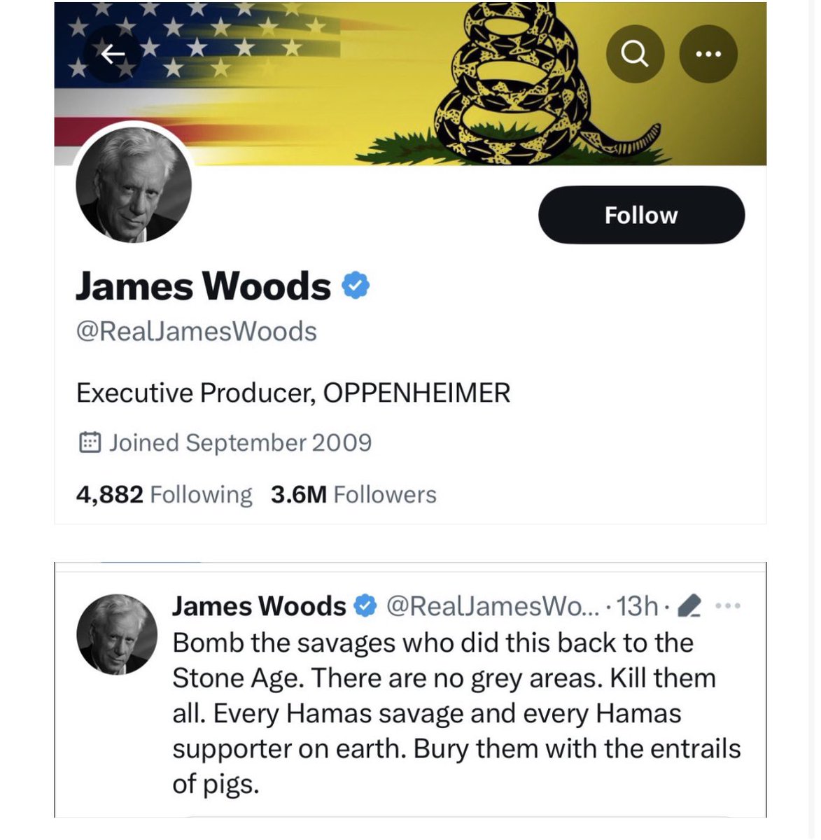 omarsuleiman's tweet photo. So the guy who made a movie about a guy who made the bomb that mercilessly murdered hundreds of thousands civilians supports mercilessly bombing hundreds of thousands of civilians in real life.

Clearly all you “I stand with Israel” folks are on the right side of history. https://t.co/b3nI3BOjGV
