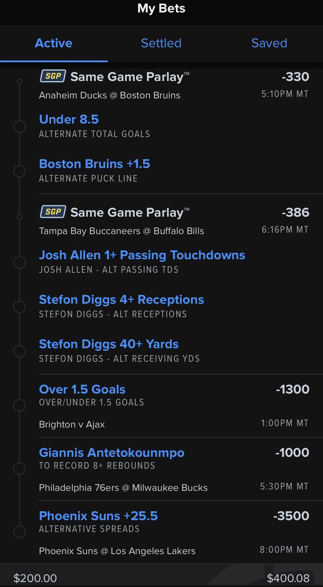 BizzBoysBets's tweet photo. DAY 3/5 for the ladder challenge🪜 From $50 to $1,600 in 5 bets at +100

We’re 2/2 so far and if you look at yesterday’s slips, we’re absolutely destroying the books right now🔥

#playofday #freepick #maxbet #nhl #nba #soccer #betx #twitterbets #GamblingTwitter #gamblingX https://t.co/nb8fRz6nvG