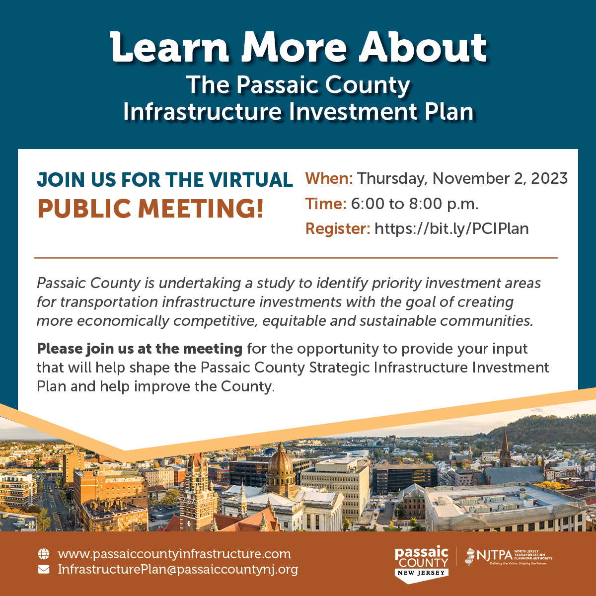 Passaic County is conducting a public input meeting for the County’s Strategic Infrastructure Investment Plan! Join us next Thursday at 6PM! Link to register for the Zoom virtual meeting: bit.ly/PCIPlan