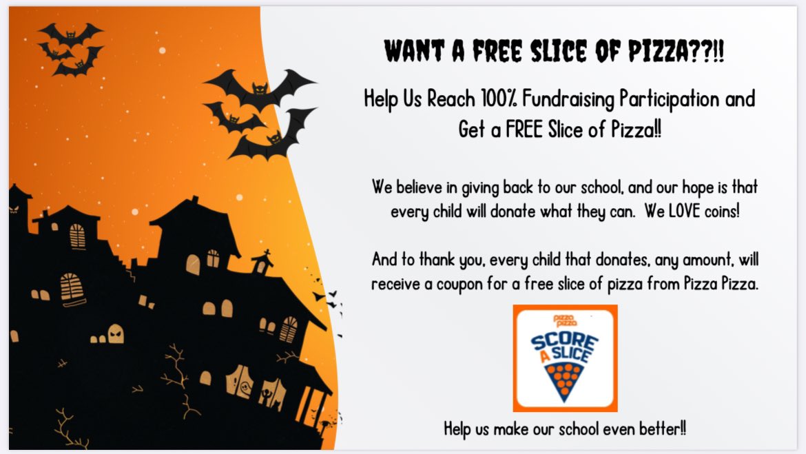 New incentive for our students! Any donation made by a student will earn them a coupon for a free slice of pizza! Coins welcome! #100percentparticipation