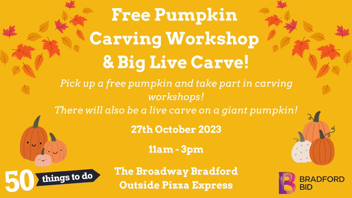 Head along to The Broadway Shopping Centre tomorrow for some free pumpkin carving fun! Learn how to carve your own and watch the Big Live Carve! 🎃

27th October, 11am - 3pm, outside Pizza Express!

More about the event here 👉 ow.ly/3pFp50Q07I8