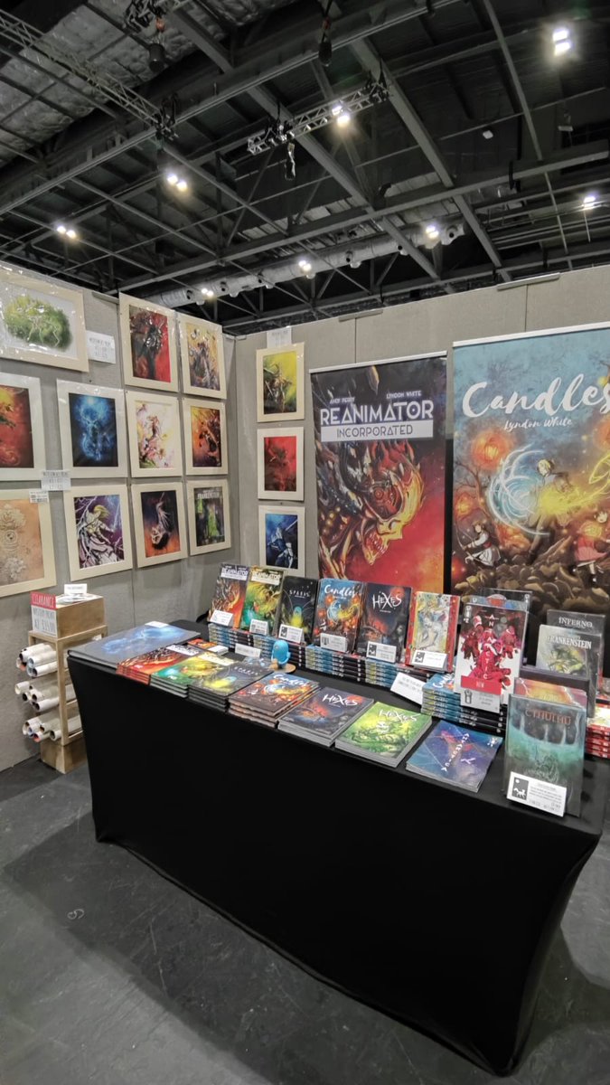 All set up for London @mcmcomiccon

We're ready for monsters, magic and D&amp;D merch. 

Also, Ellie gets an inspiration token for her help on set up. <a href="/Greenwoodwrite1/">Ellie Greenwood</a>

#comicbooks #comics #mcm #mcmcomiccon #london #artist #dnd #critters #fantasy #horror #indie