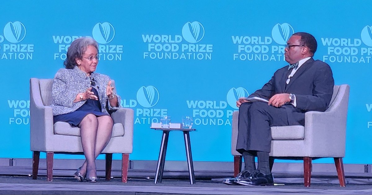 As #African leaders, we're committed to self-sufficiency in food production, Ethiopia's President @SahleWorkZewde tells @AfDB_Group's @akin_adesina at @WorldFoodPrize Borlaug Dialogue. #Ethiopia is self-sufficient in wheat and now a wheat exporter to its neighbours. #FeedAfrica