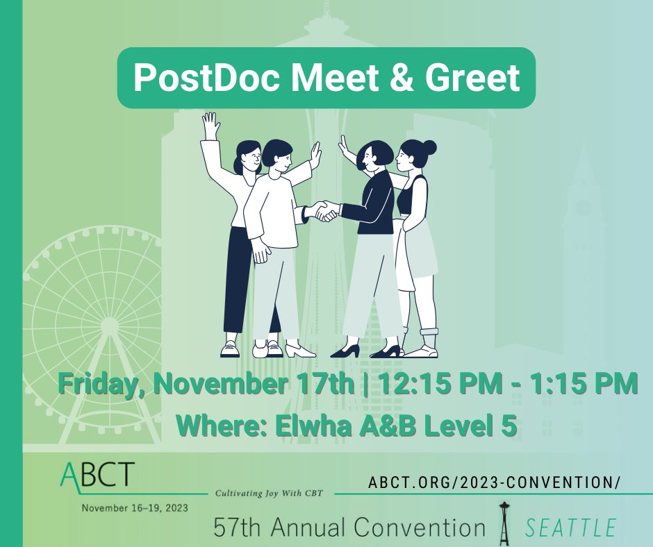 ABCTNOW's tweet photo. Join us at ABCT's Postdoctoral Meet &amp; Greet on November 17th!  This is your chance to connect with training directors and explore exciting opportunities. Don't miss out on this free networking opportunity to have our network shape your postdoctoral journey! #PostdocOpportunities https://t.co/3NeR4XmcfZ