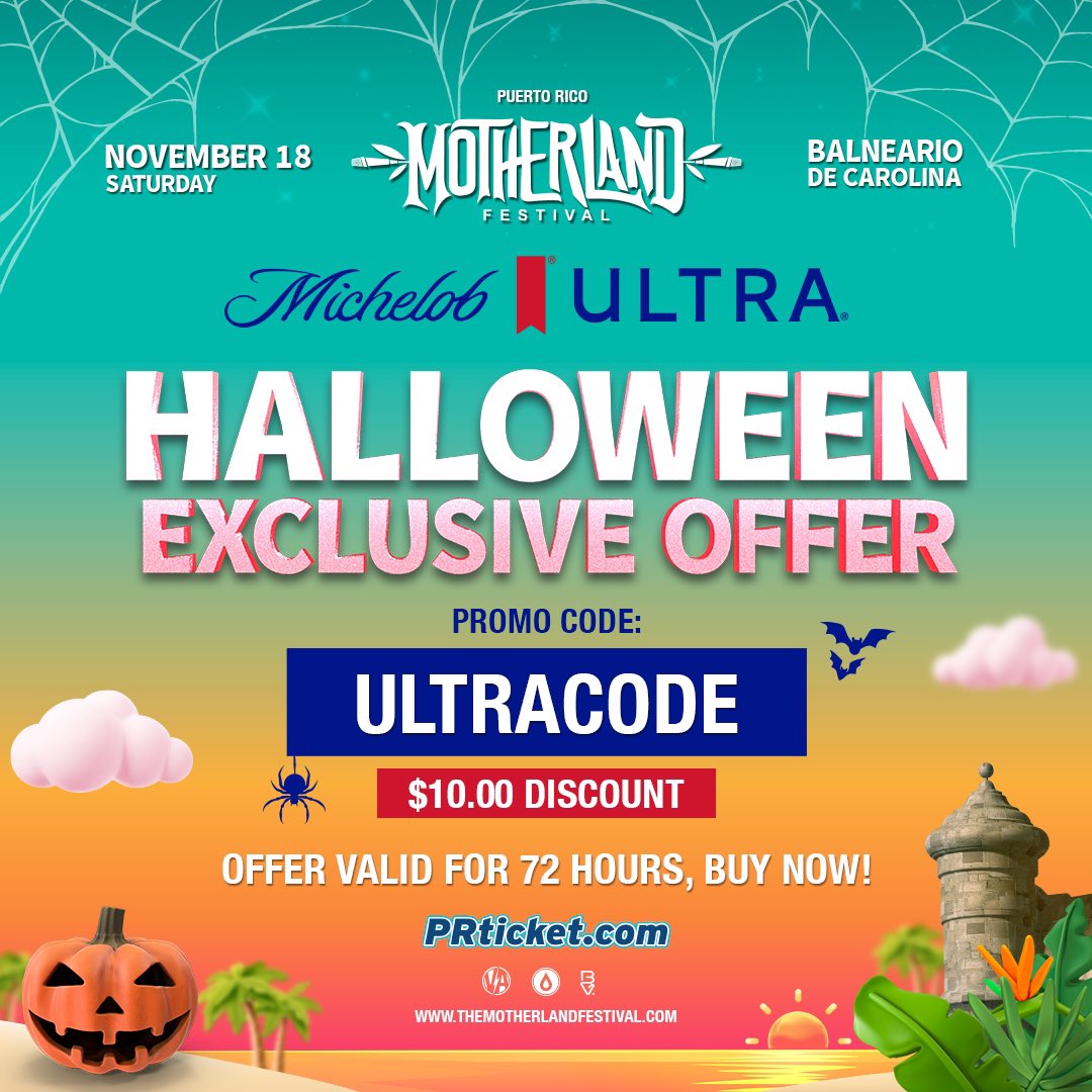 🎃Michelob Ultra celebra Halloween contigo promoviendo esta tenebrosa oferta de 10$ de descuento y Fast Pass en la compra de tus boletos para el festival. Tienes 72 horas para acceder a hive.co/l/motherlandm y utilizar el código ULTRACODE 👹