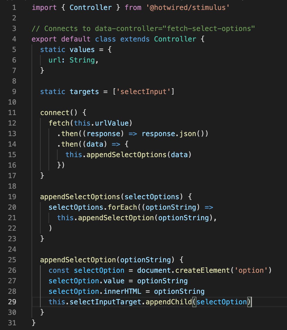 rackstallion's tweet image. A stimulus controller to fetch dynamic options for a select field from a separate end point. 🤓
#buildinpublic #stimulusjs