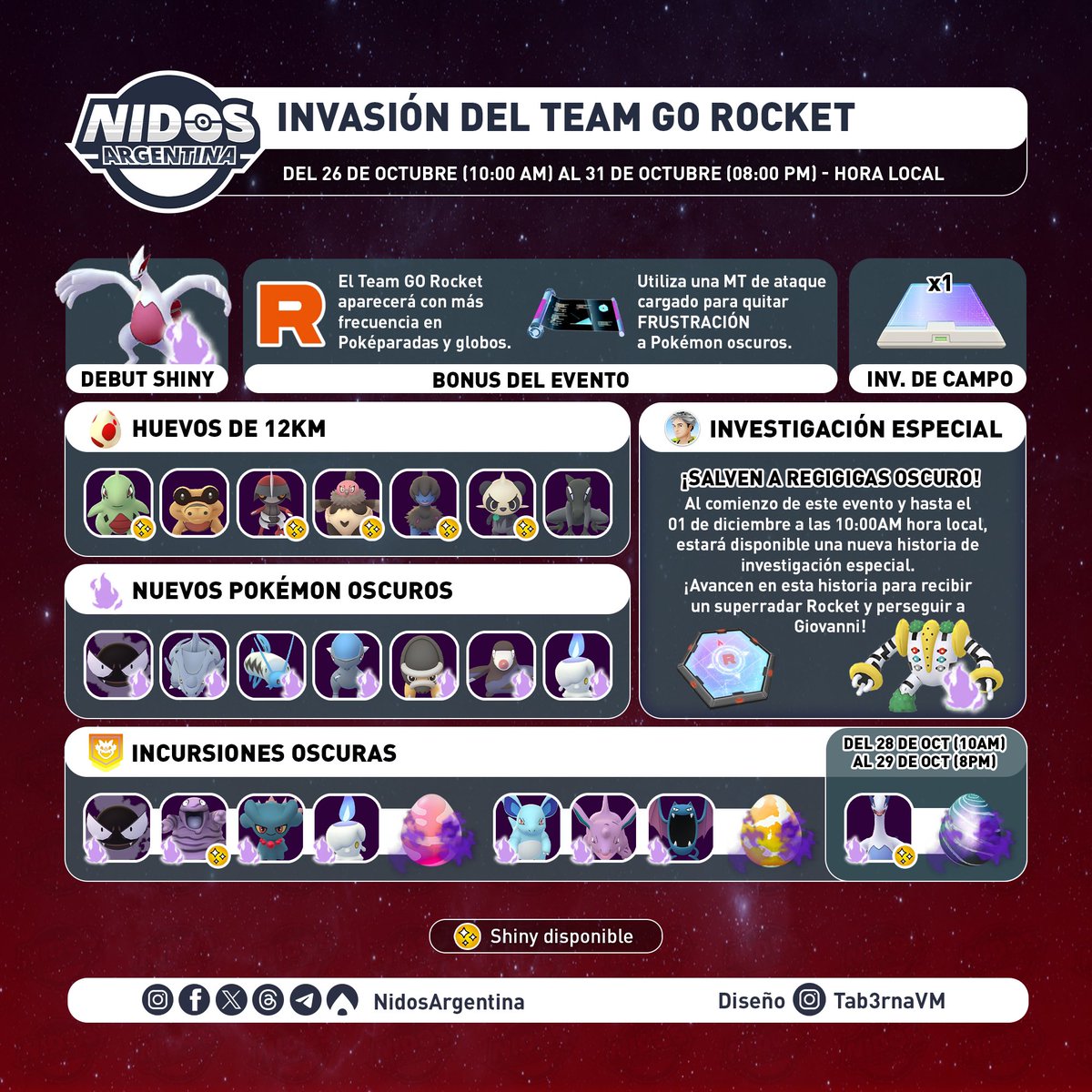 NidosArgentina's tweet image. ¡Invasión del Team GO Rocket!

Les compartimos los detalles de la nueva toma de control del Team GO Rocket 💪🏻

¿Gastarán su Super Radar Rocket en Regigigas Oscuro?

Diseño: @Tab3rnaVM 

#Pokemon #PokemonGO #TeamGORocket